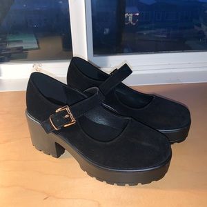Black suede platform Mary Janes
